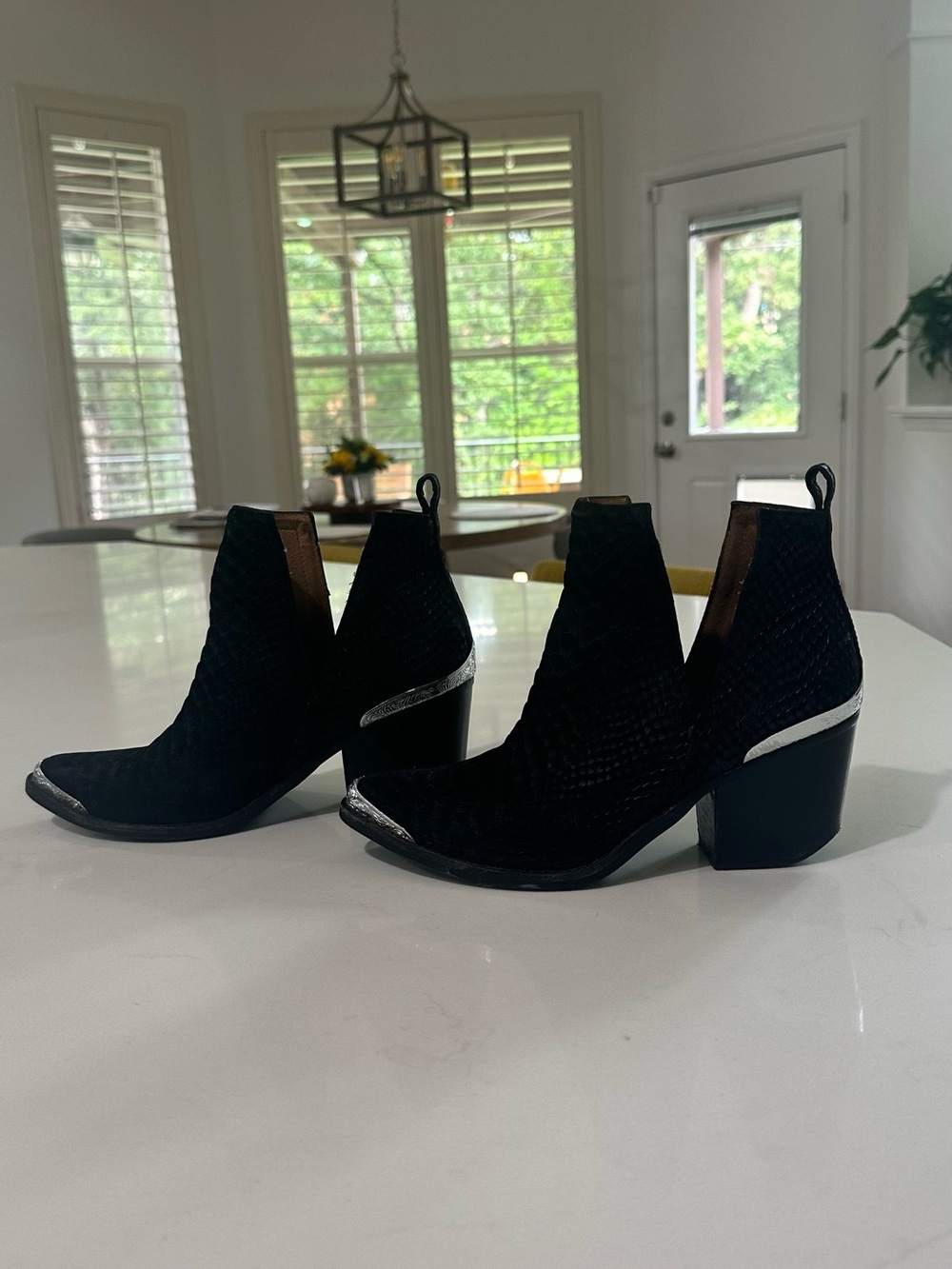 Jeffrey Campbell Black Suede Ankle Booties with Silver Metallic Trim